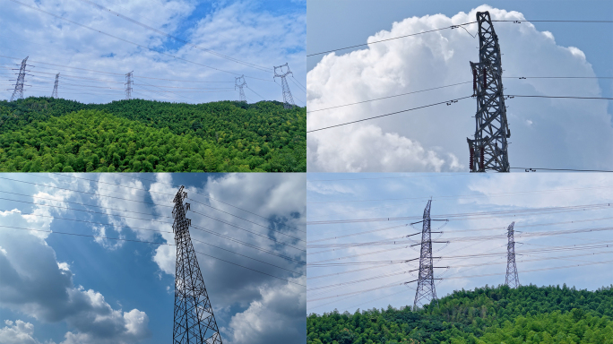 4K航拍蓝天白云下的高压电塔合集