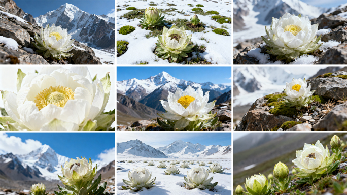 天山雪莲名贵药材 高原冰川与雪莲花特写