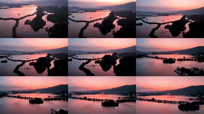 广东肇庆七星岩七星湖航拍湖泊日落全景