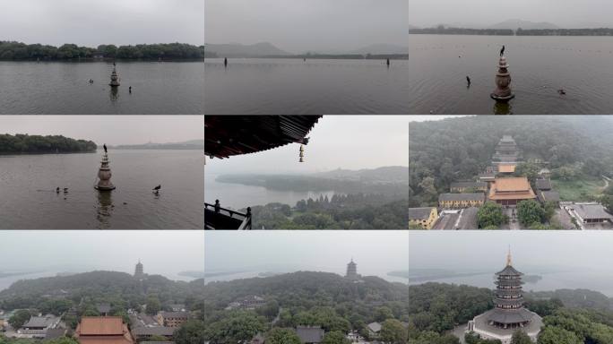 雾霾中西湖三潭印月雷峰塔我心相印亭净慈寺