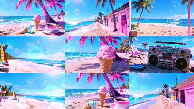 蒸汽波夏日梦幻海滩风光舞美视频