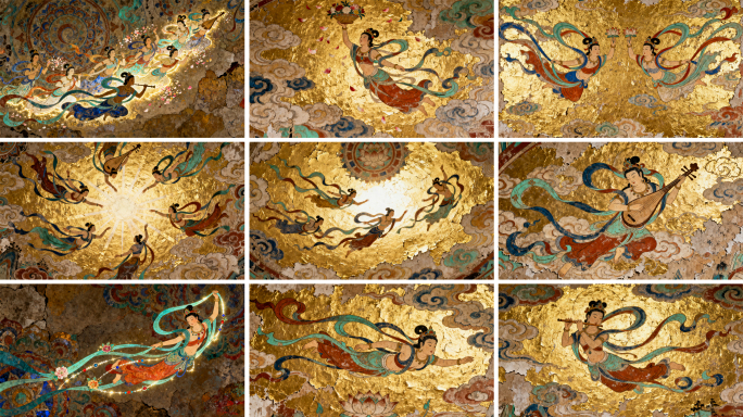敦煌飞天壁画动态展示 金色飞天仙女舞蹈