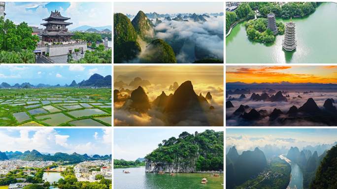 桂林山水风光航拍 广西桂林阳朔日出云海