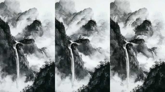 意境水墨山水动画竖屏高山流水新中式电子画