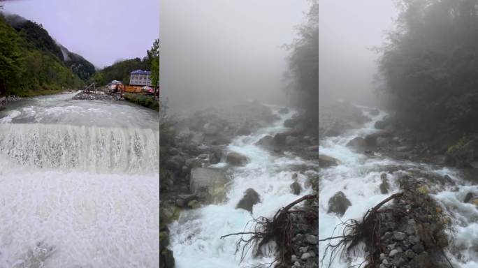 雾气弥漫的森林河流山间溪流瀑布景观