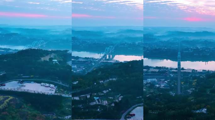 【竖屏】四川内江晨雾朝霞下的跨江大桥航拍