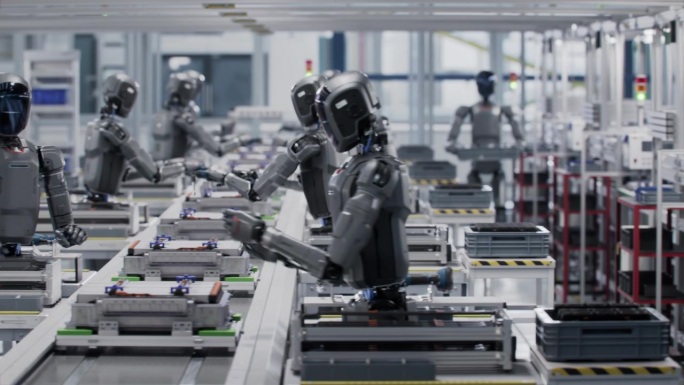 3D渲染：自动化人工智能驱动的仿人机器人正在工厂装配线上工作。类似人类的机器人正在工业环境中执行任务