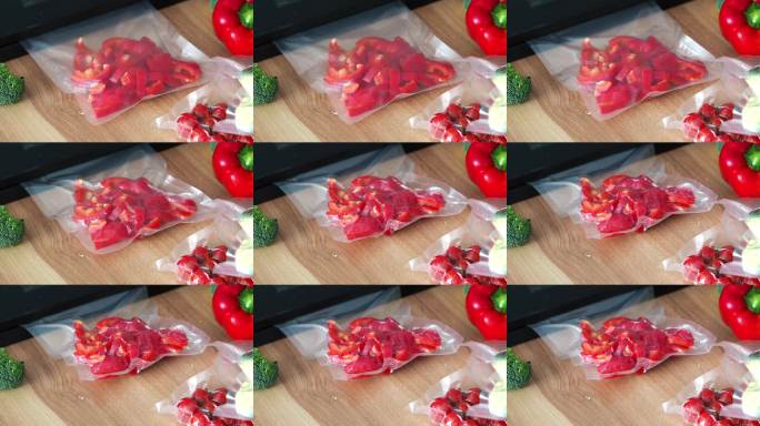 真空化过程。真空包装的甜椒产品。长时间储存。优化厨房空间和时间。真空封口机厨房小工具。