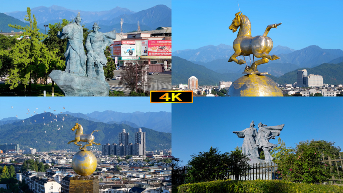 都江堰李冰父子雕塑飞马雕塑航拍4K