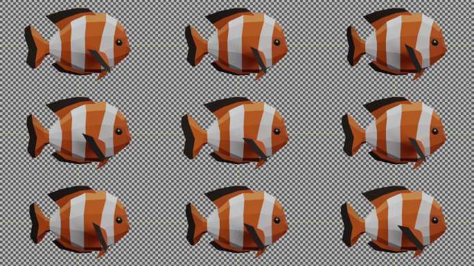 低多边形风格鱼动画 卡通小丑鱼动画