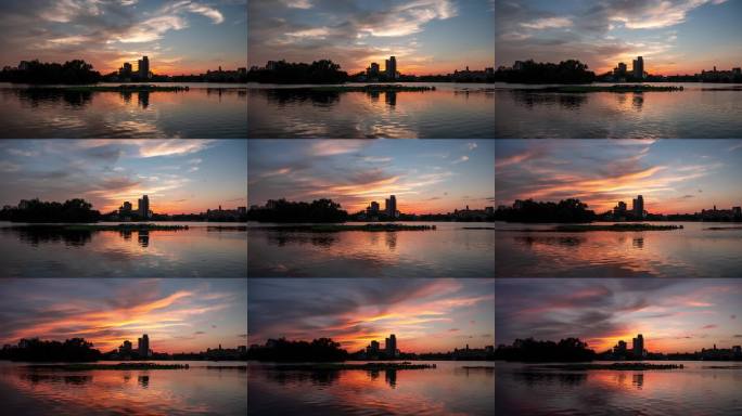 城市湖面日落晚霞延时