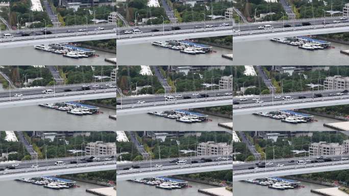 航拍城市跨江大桥车流上海卢浦大桥
