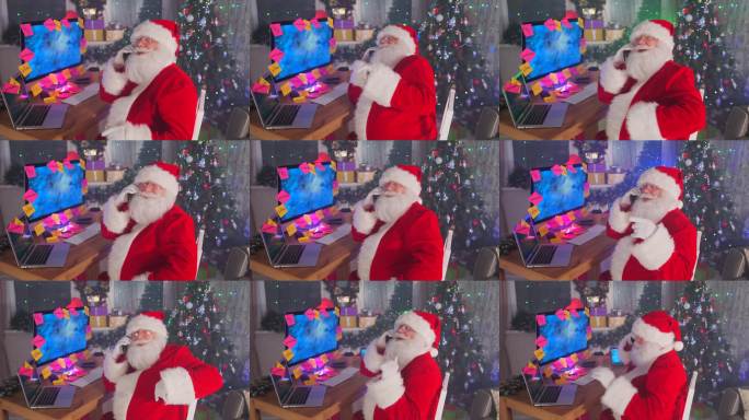 快乐的圣诞老人通过电话祝贺并祝大家圣诞快乐。
