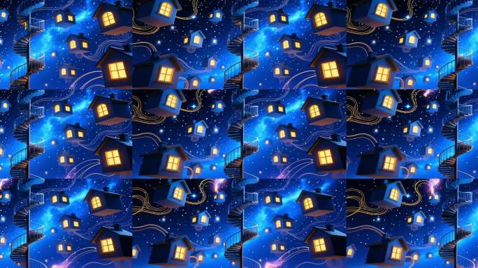 4K宽屏梦幻蓝色星光小屋 星空漂浮小房子