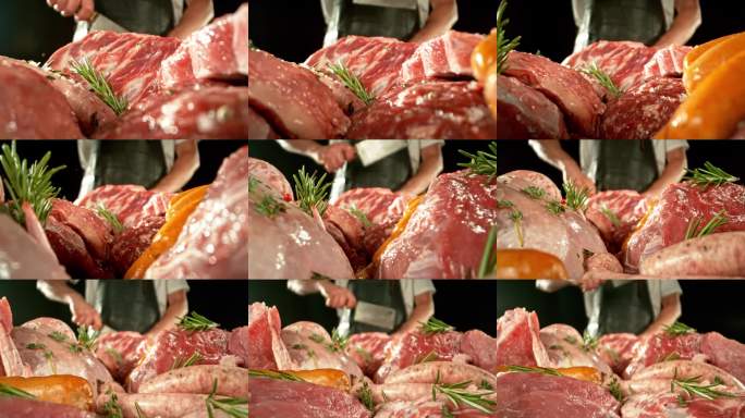 各种肉类的原料堆。使用高速电影摄影机拍摄。