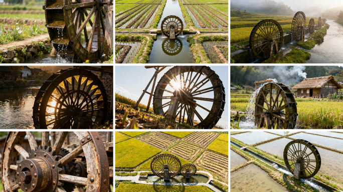 古代乡村水车灌溉农田 乡村水车田园风光
