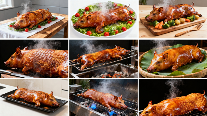 烤乳猪 脆皮烤乳猪特写 炭火烤全猪美食