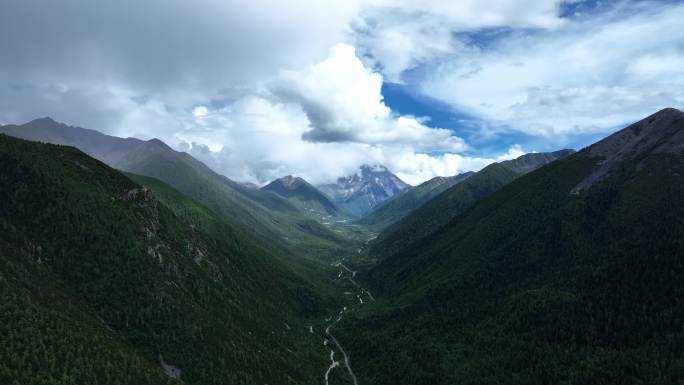 航拍阳光下云雾缭绕的雅拉雪山