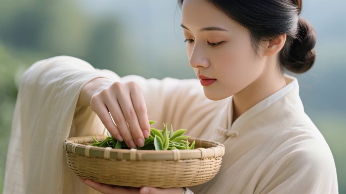 古风女子采茶制茶过程