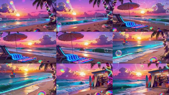 梦幻夏日霓虹海滩日落沙滩度假舞台背景大屏