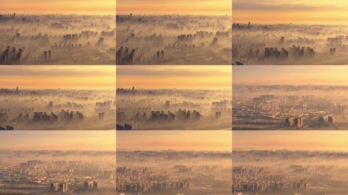 金色晨雾笼罩城市