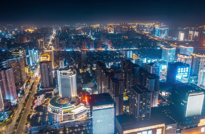 汕头航拍市区城市建筑车流夜景璀璨灯光延时