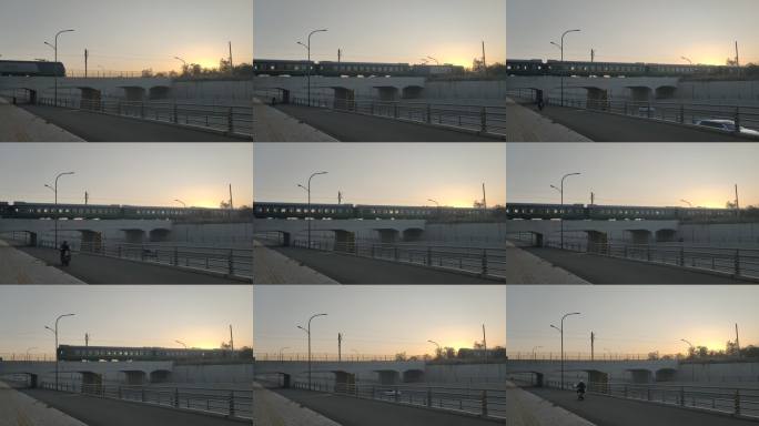 黄昏绿皮火车高架桥