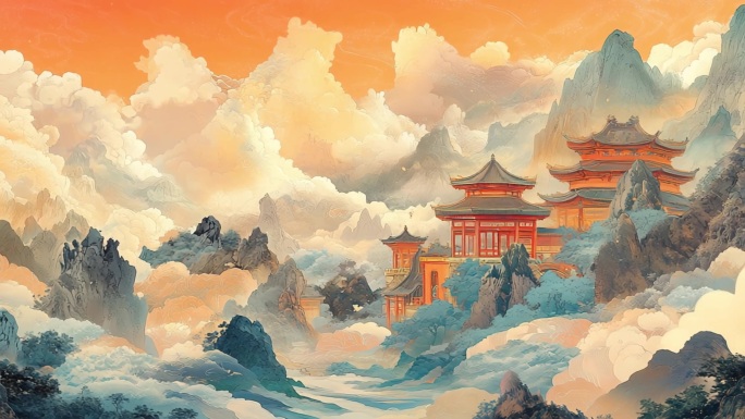 国风祥云、山水、亭台楼阁敦煌壁画风格画卷