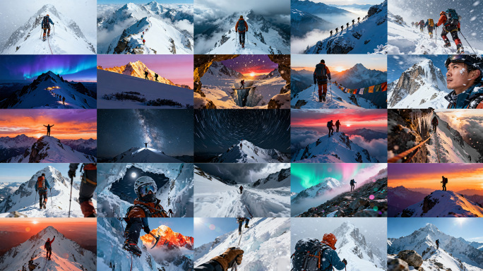 团队徒步励志攀登雪山奋斗登顶挑战登山