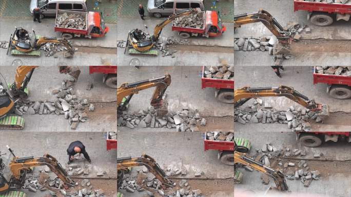 老旧小区改造挖掘机装载碎石作业