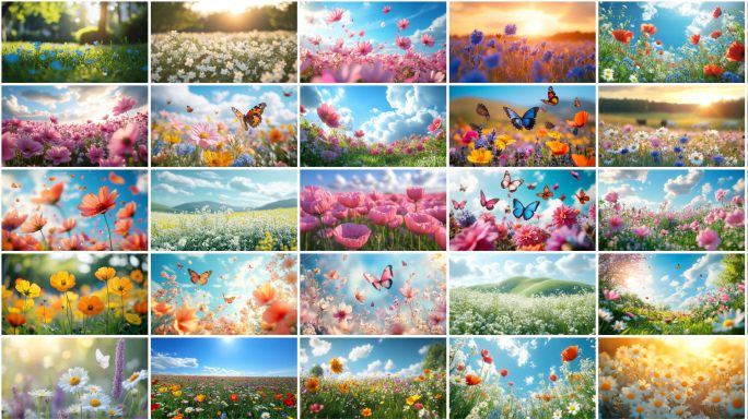 春日花海蝴蝶飞舞 阳光下的多彩花田