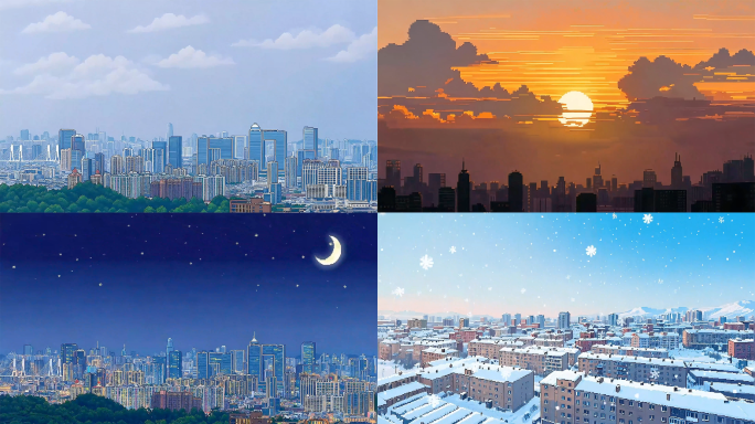 城市像素风动画背景云朵日落四季天空延时