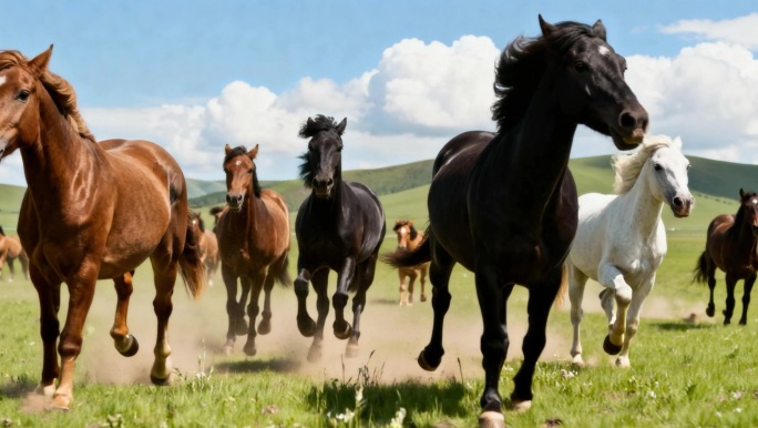 骏马奔驰绿草地