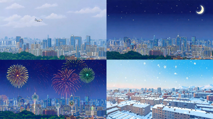 像素风背景动画城市天空延时高楼夜景烟花