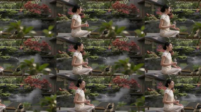 古风女子庭院品茶 休闲喝茶 实景合成