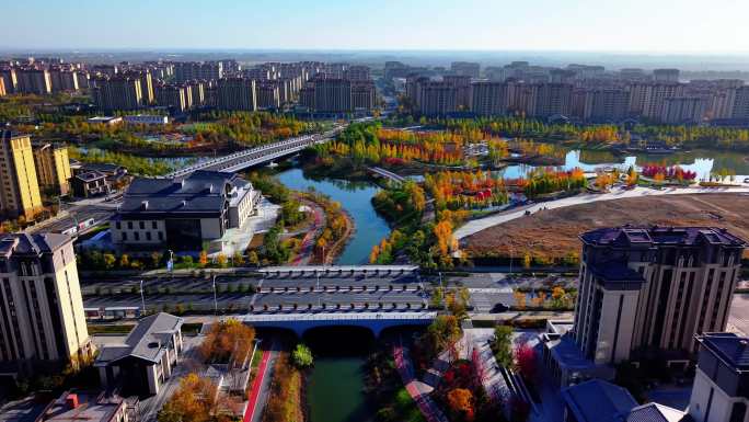 航拍河北雄安新区容西片区城心湖桥梁绿化