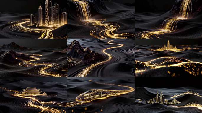 金色流光城市山水动画