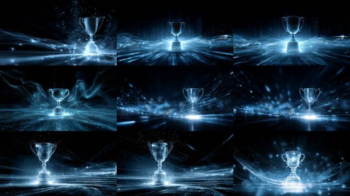 蓝色光效奖杯颁奖视频科技感奖杯动态背景
