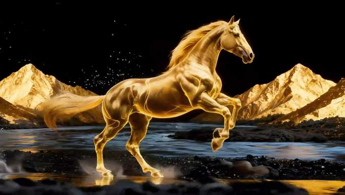 金色骏马奔腾山水间踏浪前行马年素材