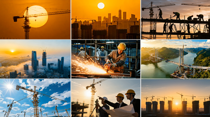 建筑工地建筑工人工人施工城市建筑工地延时