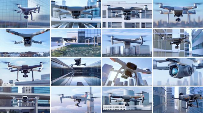 未来高科技无人机城市高楼飞行航拍拍摄视角