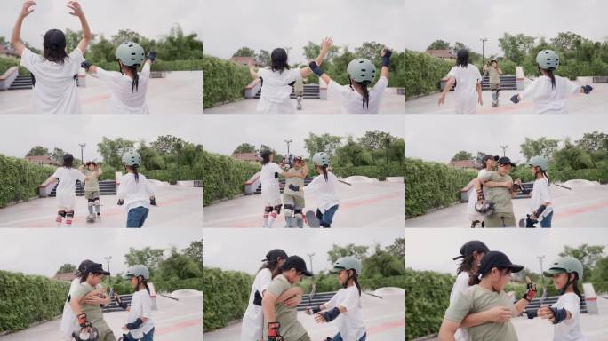 年轻的亚洲女孩们在假期的公园里练习滑板，并互相击掌。