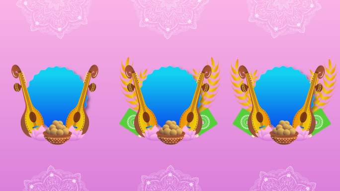 vassant panchami 动画竖屏视频，配有西塔琴和莲花。