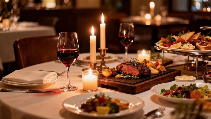 烛光晚餐浪漫氛围 红酒蜡烛高端西餐美食