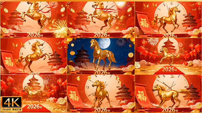2026马年新年祝福 金马贺岁喜庆背景