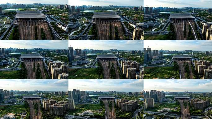 武汉火车站航拍列车进站出站