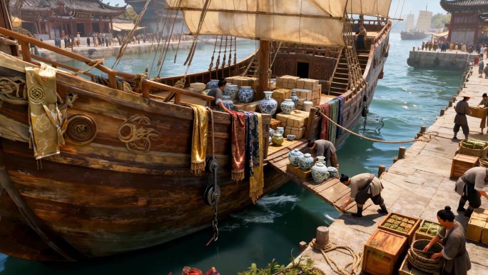 古代商船贸易场景海上丝绸之路