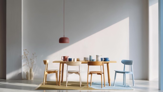 现代简约餐桌椅展示北欧风餐厅光影变化