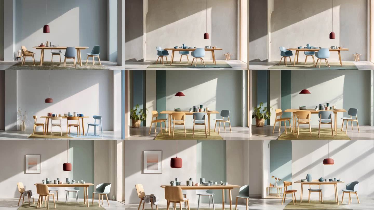 现代简约餐桌椅展示北欧风餐厅光影变化
