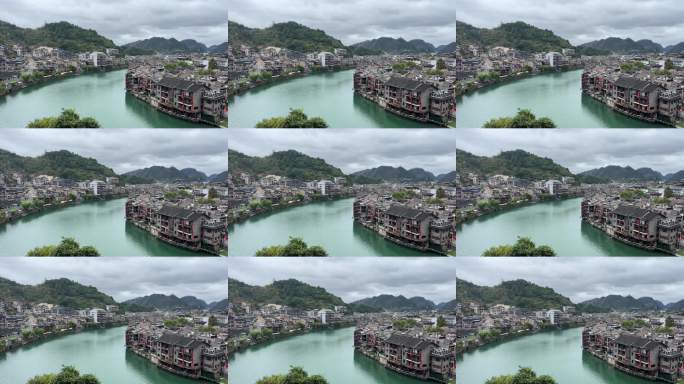 航拍古镇山水风光